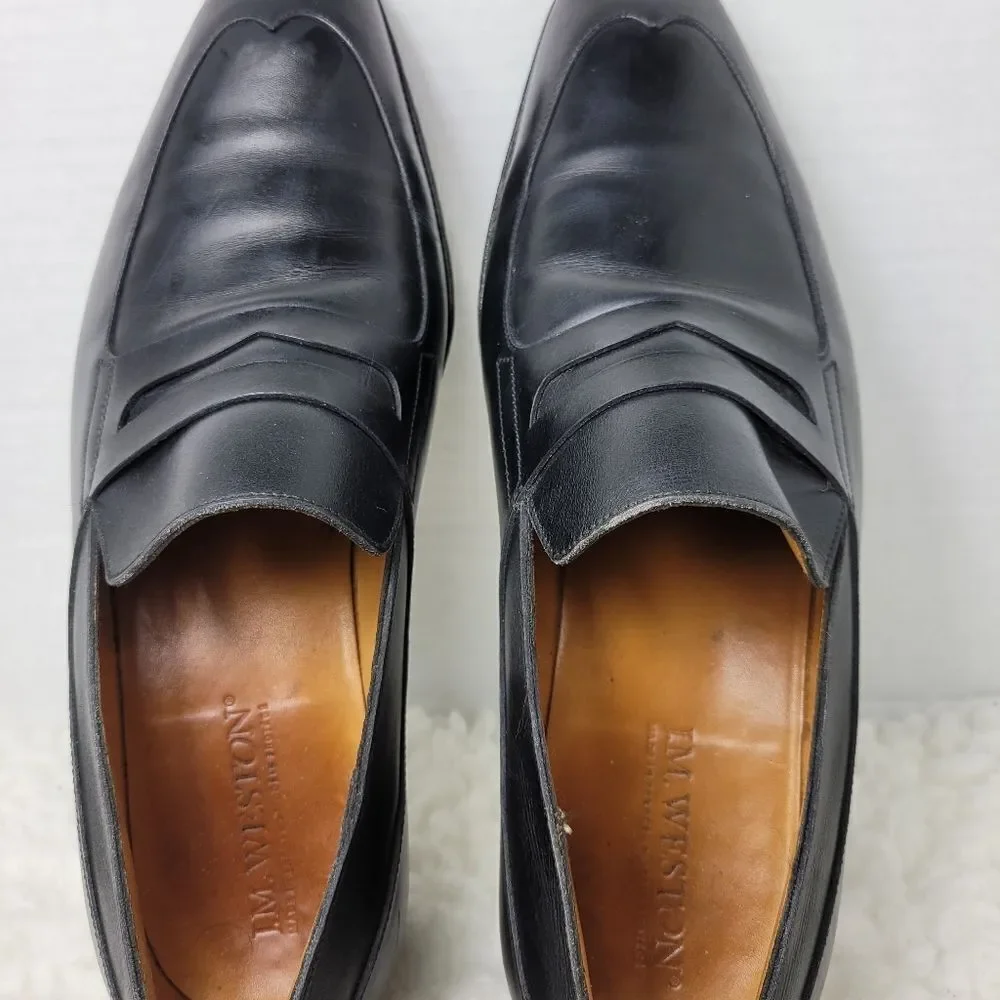 J.M. Weston Men's Penny Loafer Size 9 D Black Leather Pointed Toe Shoes